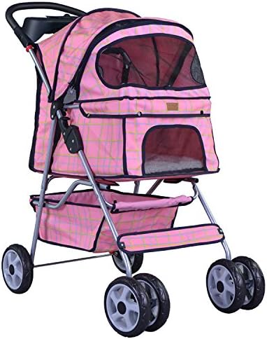 Pink Grid 4 Wheels Pet Dog Cat Stroller w/RainCover