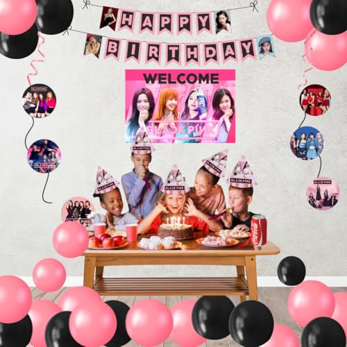 Image of PRETTY UR PARTY BlackPink Party Decorations Kit-80 pcs Include Bunting, Poster, Balloons, Thank You, Centerpiece, Danglers Caps, Party Supplies, K-Pop Birthday Decor, DIY Bday Decoration for Kids