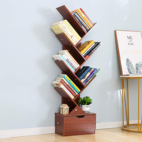 Genenic Tree Bookshelf with Drawers,8-Tier Floor Standing Bookcase,with Wooden Storage Rack Display Shelves Cabinet in Living Room/Home/Office for Books/CDs/Movies/Files (Teak Pattern, 8 Tier) - Thumbnail 2