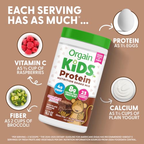 Image of Orgain Kids 8g Grass-Fed Dairy Protein Powder, Chocolate Brownie, 1lb | Powder shake mix, 4g fiber, 23 vitamins & minerals, gluten free, no soy, adds nutritents to snacks, for shakes & smoothies