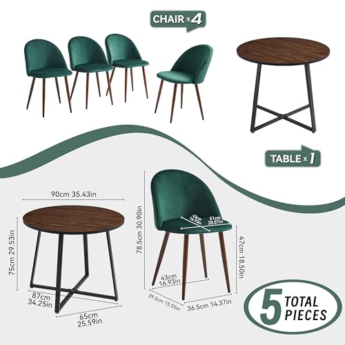 Image of 5-Piece Modern Round Dining Table Set, 35'' Wooden Table with 4 Velvet Upholstered Chairs, Compact Space-Saving Furniture for Small Apartments, Kitchens, and Dining Rooms (Brown Top, Green)