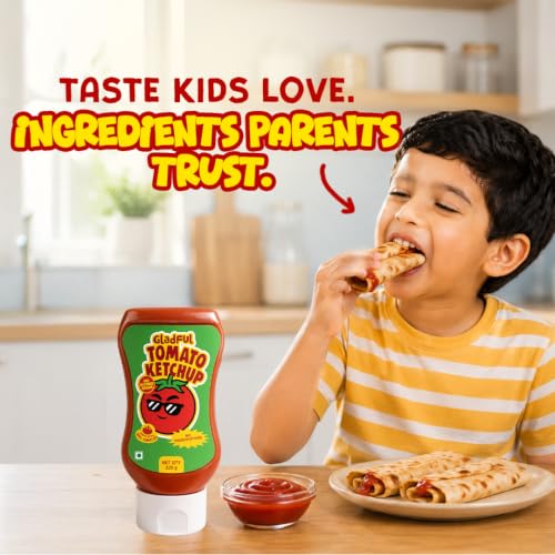 Image of Gladful Tomato Ketchup for kids | 33% Concentrated Tomato Paste | No Refined Sugar | No Preservatives | Sweetened with Kachi Khand | Kids Tomato Sauce | Sandwich, Fries & Snacks Dip | 320g