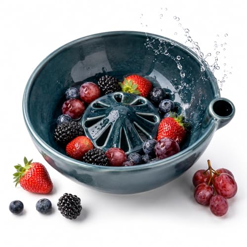 wowsome Self-Spinning Berry Washing Bowl Glazed Ceramic Berry Bowl with Raised Center and Drainage Holes Fruit Rinse Colander for Strawberries Blueberries Grapes Cherry Tomatoes and Small Produce