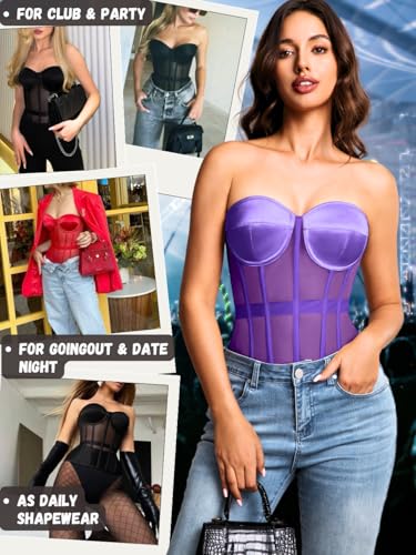 Image of Kaei&Shi Sheer Mesh Overbust Corset,Sexy Strapless Lace Up Satin Bra Corsets Top For Women Shapewear