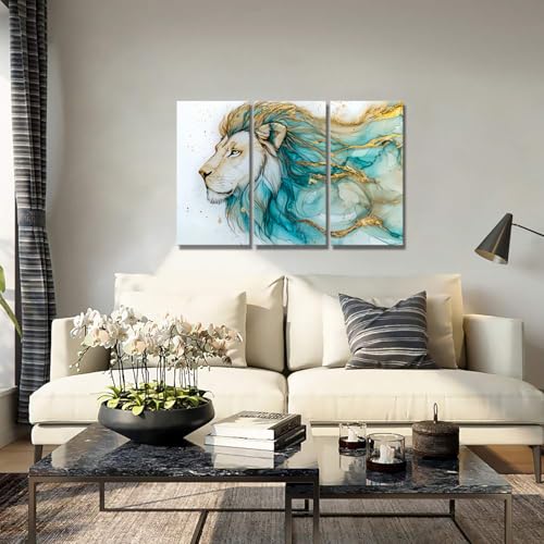 Derkymo 3 Pieces Abstract Lion Animal Wall Art Green Gold Animal Painting Print Marble Canvas Art Modern Giclee Artwork for Home Decoration 16"x32"x3pcs by Derkymo - Used condition - Image 2