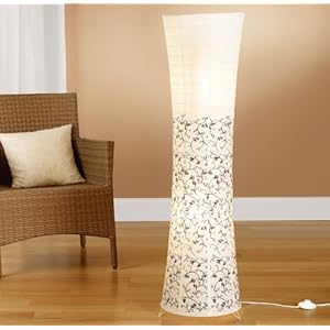 Trango Lampadaire design moderne I lampe en papier de riz en blanc rond avec motif floral TG1240 lampadaire, hauteur 125cm comme salon Lampe déco I lampadaire I abat-jour