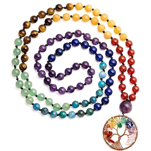 Bivei 108 Mala Beads Necklace Life Tree Charm Real 7 Chakra Gemstone Long Beaded Necklace Prayer Yoga Meditation Hand Knotted Wrap Bracelet(Chakras 6mm)