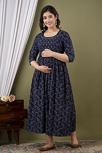 Image of Amazon Brand - Tavasya Women Botanical Floral Printed Maternity Midi Dress | Round Neck | 3 /4 Ruffle Sleeves | Concealed Feeding Zip | Gathered Tiered Nursing Dress