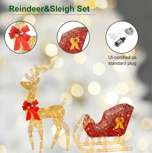 VINGLI Lighted Christmas Reindeer and Sleigh Outdoor Decorations, Weather Proof 4ft Santa's Sleigh Reindeer Christmas Ornament Indoor Home Decor Pre-lit 180 LED Lights with Stakes, Zip Ties Secured