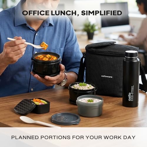 Image of CELLO Munch Mate Lunch Box with Bag for Office Use Black | 375ml x 2 Microwave Safe Containers, 300ml + 175ml Plastic Containers, 800ml Water Bottle with Fork & Spoon, Airtight Tiffin Box for Travel