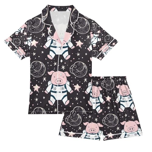 senya Cartoons Astronauts Pigs Satin Summer Pajama Sets Silk Short Sleeve Button Down Sleepwear