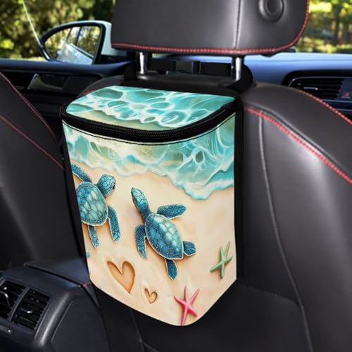Image of Talayituse Turtle Starfish Heart Beach Print Car Trash Can with Lid, Leak Proof Auto Trash Bag Hanging Vehicle Garbage Can Multipurpose Storage Container for Back Seat Road Trip