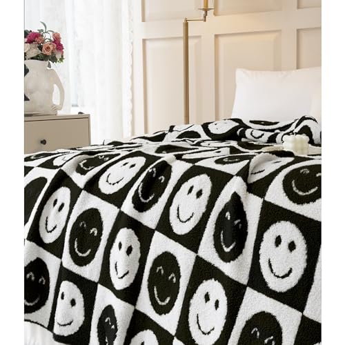 Image of Ultra Soft Cozy Happy Smiling Face Checkered Knitted Throw Blanket Fluffy Microfiber Checkerboard Bed Blanket Lightweight Both Sides Blanket for Couch Sofa Bed (Smile, Throw 50 inchx60 inch)