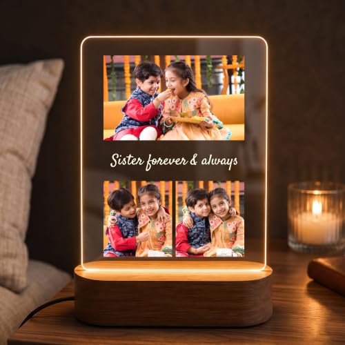 Image of Giftplease Personalised Rakhi Gift for Sister - Custom Acrylic Photo Collage Frame with Wooden Base, Meaningful Raksha Bandhan Keepsake from Brother, Personalized Memory Display for Siblings, Decor