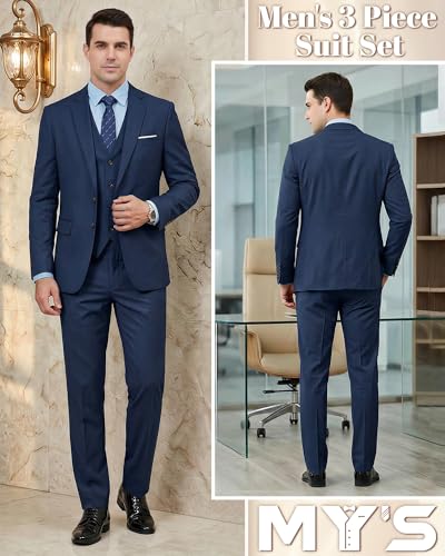 Image of MY'S Men's 3 Piece Suit Notch Lapel 2 Button Blazer Slim Fit Dress Business Party Jacket Vest Pants & Tie Set