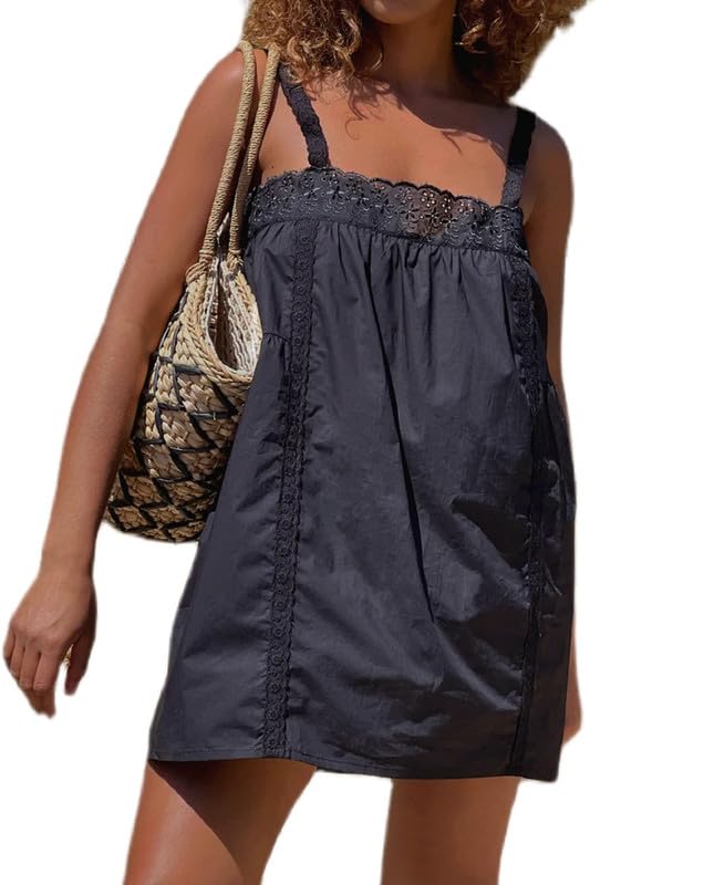 Image of ROAONOCOMO Women Boho Graffiti Cami Mini Dress Spaghetti Strap Printed A Line Short Dress Cute Colorful Sundress