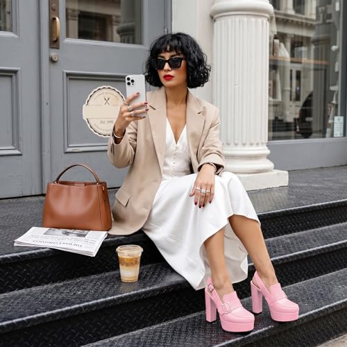Image of Women's High Heel Loafers Platform Pumps Round Toe Heels Chunky Heel Pumps Stylish Comfortable 4.8 Inch Slingback Heels