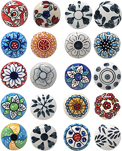 Ajuny Lot de 20 Boutons en Céramique Multicolores Vintage avec Motif Floral Poignées pour Placards Tiroirs et Meubles Solides pour Armoires de Cuisine...