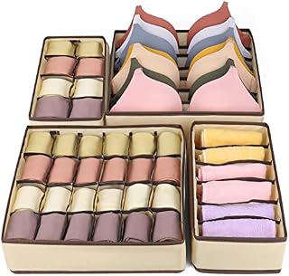 Sofore Clothes Drawer Organisers-4 Pack, Foldable Underwear Storage Box, Fabric Wardrobe Organiser for Cupboard, Bra, Socks, Baby Clothes, Ties, Scarves, Cosmetics - Beige