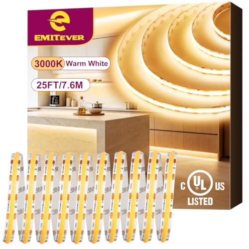 Image of EMITEVER 24V COB LED Strip Lights 3000K,25ft 3600LEDs,UL Listed | Ra 90+,IP30,3W/ft,305+Lumens/ft,5 Year Warranty(Power Supply Sold Separately)for bedroom,living room,kitchen