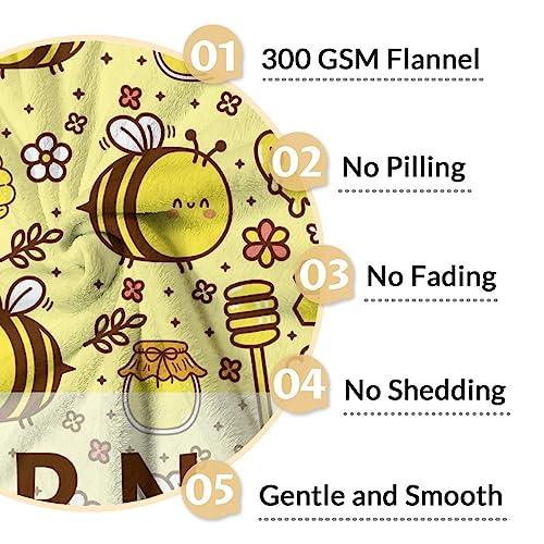 Personalized Bee Blanket Gifts, 40"x50" Cute Throw for Women Girls, Soft Cozy Warm Flannel Blanket for Sofa Bed