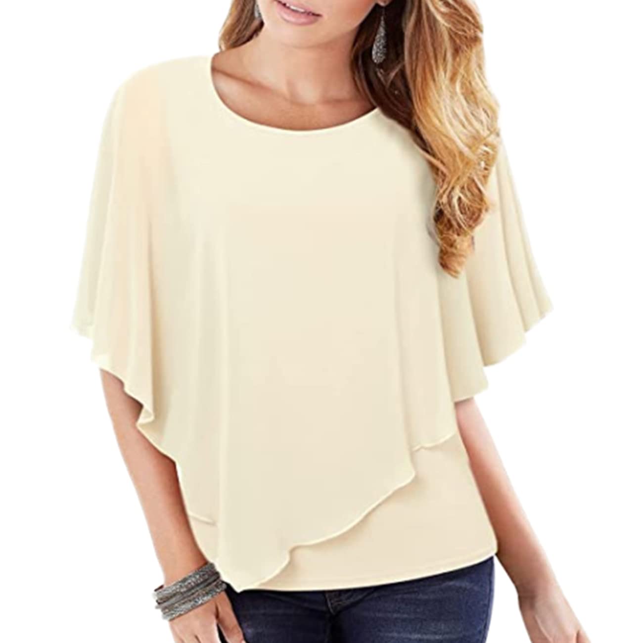 Camicetta casual in chiffon da donna Tops Estate Girocollo allentato Manica corta Camicie fluide Top casual da donna T-shirt manica corta con volant Camicette in chiffon tinta unita casual da donna