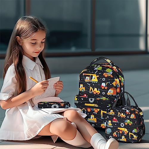 Construction Backpack with Lunch Box, Set of 3 School Backpacks Matching Combo, Cute Lightweight Truck Excavator Bookbag and Pencil Case Bundle2