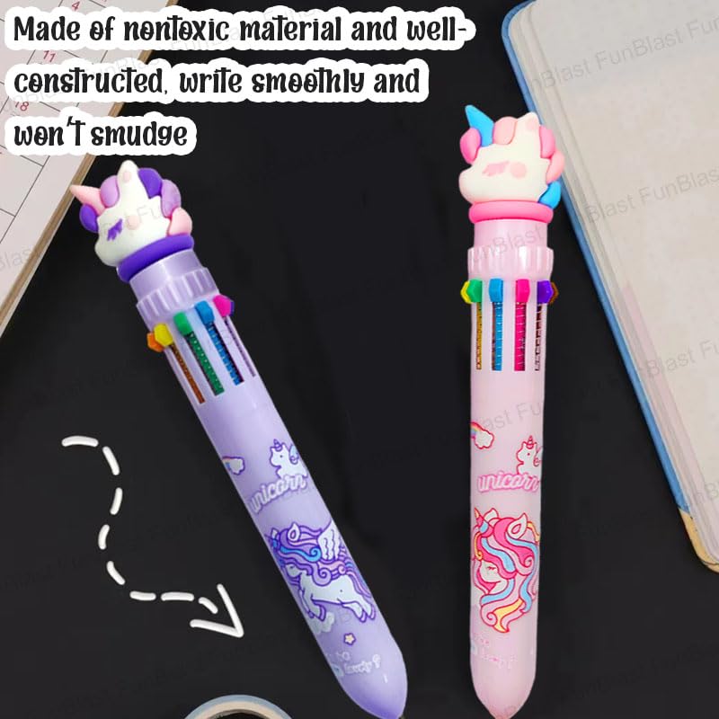 Image of FunBlast 10 In 1 Ball Pens for Writing - Cartoon Design Lightweight Ball Pen with Comfortable Grip for Extra Smooth Writing, Stationery for School & Office, Birthday Return Gift (Unicorn)