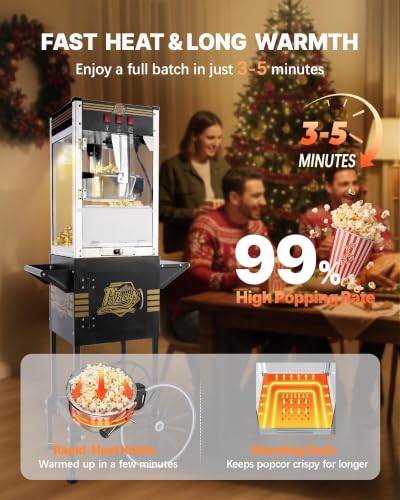 Image of 12 oz Commercial Popcorn Machine Cart with Candy Dispenser, Pop Corn Machine Maker Makes Up to 48 Cups, Movie Theater Popcorn Machine with 3-Switch Control&Stainless-Steel Kettle, Black