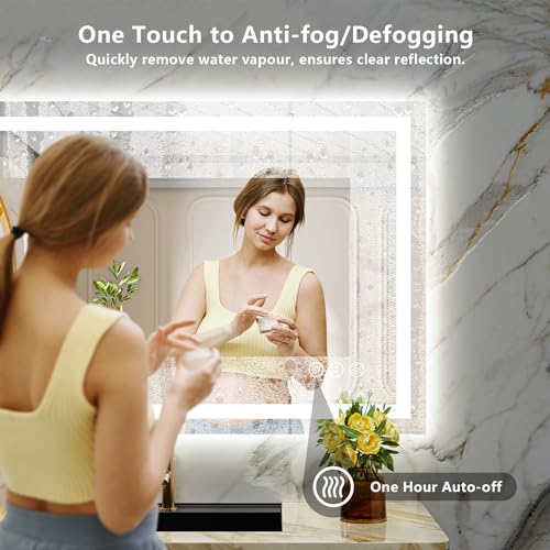 Image of 40x36 Inch LED Bathroom Mirror with Lights Front and Backlit Lighted Vanity Mirror for Bathroom Wall with 3 Colors Dimmable Anti-Fog Memory Shatter-Proof IP54 Waterproof Horizontal /Vertical