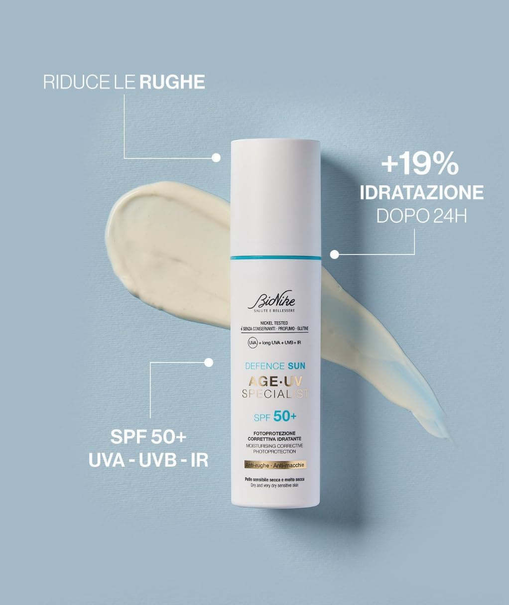 BioNike Defence Sun - Age UV Specialist, Crema Viso Antirughe SPF 50+ con Acido Ialuronico e Niacinamide, Trattamento Fotoprotettivo per Pelle Secca e Molto Secca, Texture Leggera, Idratante, 50ml