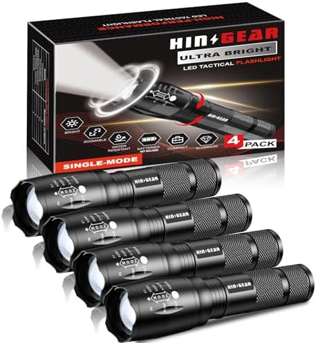 HinsGEAR 1 Mode Flashlights 4 Pack, SL2000 Bright Zoomable LED Tactical Flashlight High Lumens, Water Resistant Portable Pocket Flash Light for Emergency, Camping, Home, and Gift - Lampe de Poche
