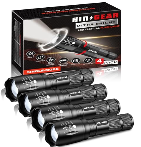 HinsGEAR 1 Mode Flashlights 4 Pack, Bright Zoomable LED Tactical Flashlight High Lumens, Water Resistant Portable Pocket Flash Light for Emergency, Camping Essentials, Gift - SL2000