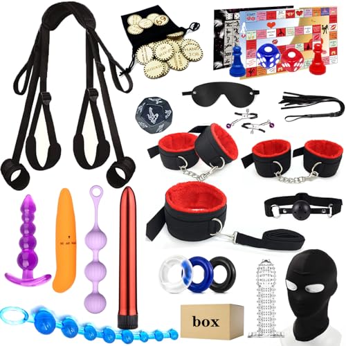 BDSM kit Sex Toys Bondage Restraints Set, Anal Butt Plug Games Card Toys and Sex Straps Neck to Wrist Thigh Sex Sling & Ankle Kits with Adjustable, Sex Things for Couples Kinky and Couple Sex Toys