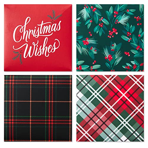 Hallmark Small Christmas Gift Boxes (4 Pack: Red and Green Plaid Holly Christmas Wishes Black and Red Plaid) 4 inch Boxes for Gift Cards Candy Cookies and More