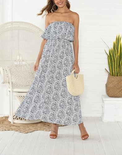 ZMPSIISA Women's Summer Off The Shoulder Maxi Dress Ruffle Strapless Blue White Porcelain Boho Casual Loose Long Dresses2