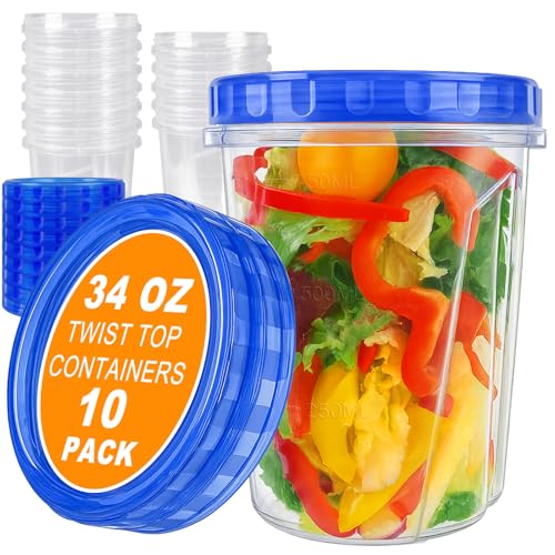 10 Pack 34oz Reusable Freezer Food Storage Containers with Twist Top Lids, Airtight Plastic Meal Prep Food Containers for Leftover Lunch Fruit Salad Oats, Clear Large Soup Container Microwave Safe