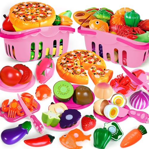 100 Pcs Play Food Set for Kids Kitchen, Pretend Food Toy for Toddlers, Play Kitchen Toys Accessories with 2 Baskets, Cutting Fake Food/Fruit/Vegetable, Christmas Birthday Gifts for Boys and Girls