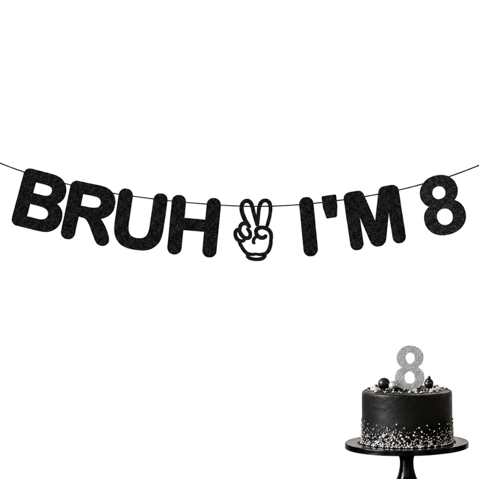 DCYQAIN "Bruh I'm 8" Black Glitter Birthday Banner, Funny 8th Birthday Party Decorations, Pre-Assembled Party Sign for Teen Celebrations & Event Supplies