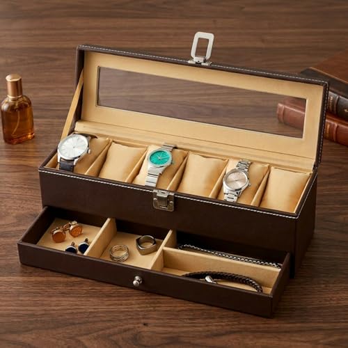 Image of Amazon Basics Sliding Drawer 6-Slot Watch and Jewelry Organizer - Faux Leather & MDF Storage Box for Men and Women, Brown