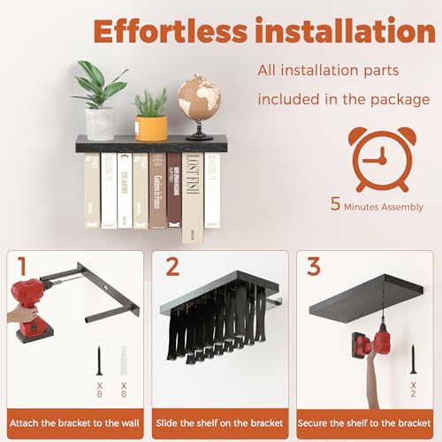 Floating Book Shelves for Wall Mounted Set of 2, Wood Hanging Bookshelf, Book Display Shelf for Wall, Unique Space Saving Book Shelf Wall Book Holder(Black) - Image 4