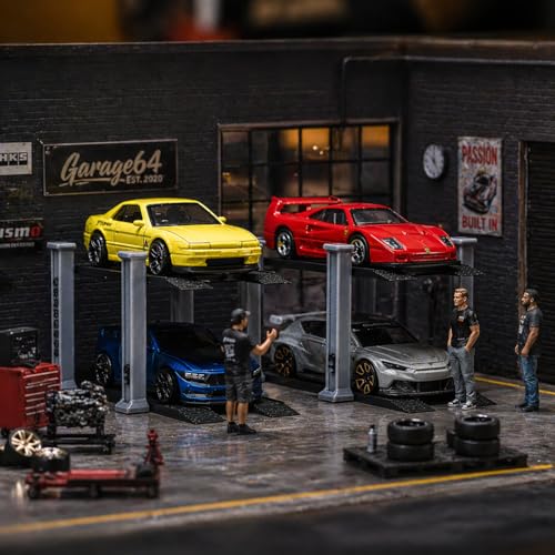 Image of 1 /64 Scale 2 Tier Car Lift Diecast Garage Diorama Accessory for Hot Wheels, Matchbox, Greenlight - Two-Tier Display Car Lift with Grey Pillars & Black Base Set of 2 (Grey-Black)