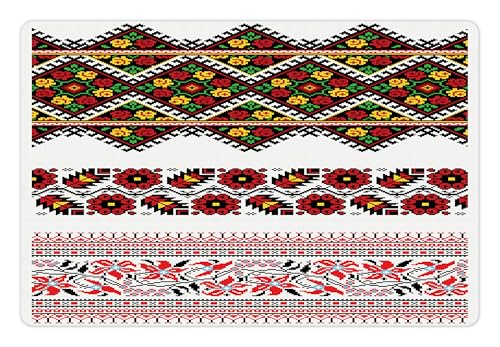 Lunarable Ukrainian Pet Mat for Food and Water, Classical Ukrainian Colorful Floral Arrangement Geometric Rhombuses and Squares, Non-Slip Rubber Mat for Dogs and Cats, 18" X 12", Red Green