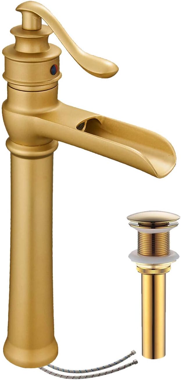 Homevacious Tall Bathroom Vessel Sink Faucet Brushed Gold Waterfall Single Hole with Pop up Drain Lavatory Without Overflow Lead-Free
