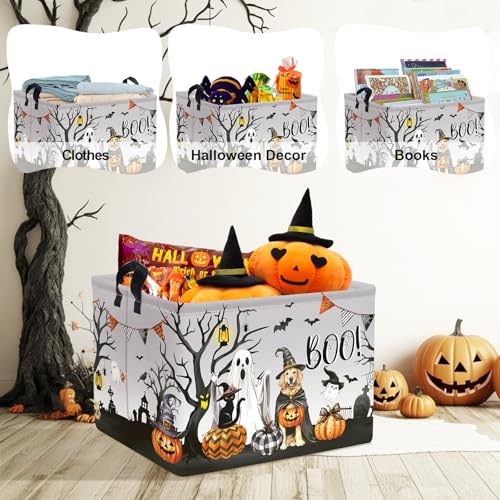 Image of Clastyle Large Spooky Halloween Baby Gift Basket Stuffers Boy Girl Pumpkin Bat Graveyard Boo Nursery Bin Kid Book Toy Box Collapsible Clothes Organizer for Bedroom,Dog,40 * 30 * 30 cm