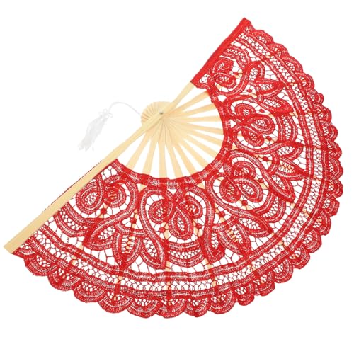 ULTECHNOVO Abanico de Encaje Rojo Plegable de Bambú Vintage para Boda, Ventilador de Mano Portátil para Fiesta de Té, Abanico Ligero y Compacto Adecuado para Verano y Ceremonias