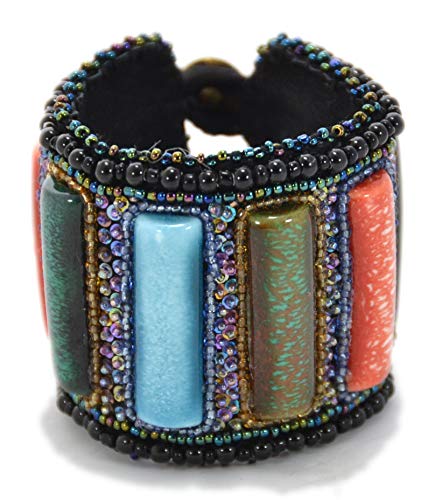 Bracelet plat multicolore cuir perle de verre et porcelaine, bijou bohème chic