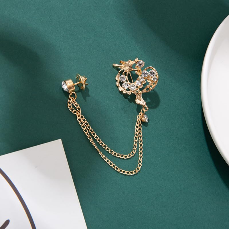 Image of coadipress Dragon With Hanging Chain Brooch Pin for Women Men Rhinestone Crystal Dragon Animal Collar Pins Suit Shirt Lapel Pin Fashion Jewelry