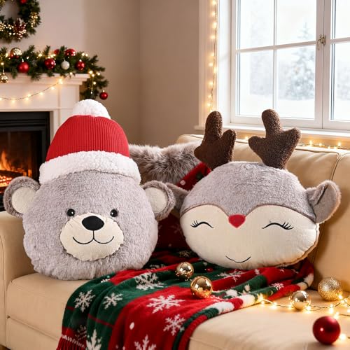 Lanpn 2 Stück Weihnachts Kissen Plüsch Elch Kissen Weich Bärskissen...