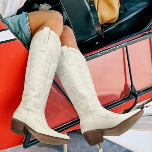 Image of STALOV Cowboy Boots for Women Pull On Chunky Heel Boots Knee High Cowgirl Boots Western Pointed Toe Boots Embroidered Suede Boots